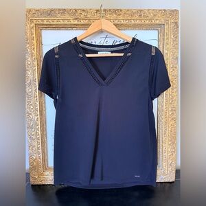 Calvin Klein Black V-Neck Short Sleeve Blouse with Ladder Trim